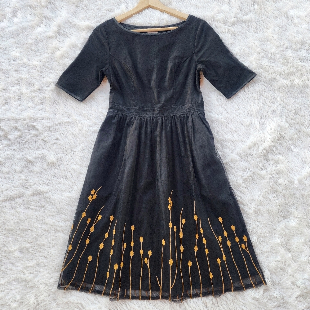 eShakti‎ Black Tulle Embroidered Flare Dress